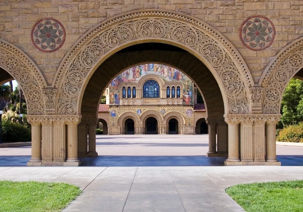 Stanford University's sandstone arches and campus courtyard
