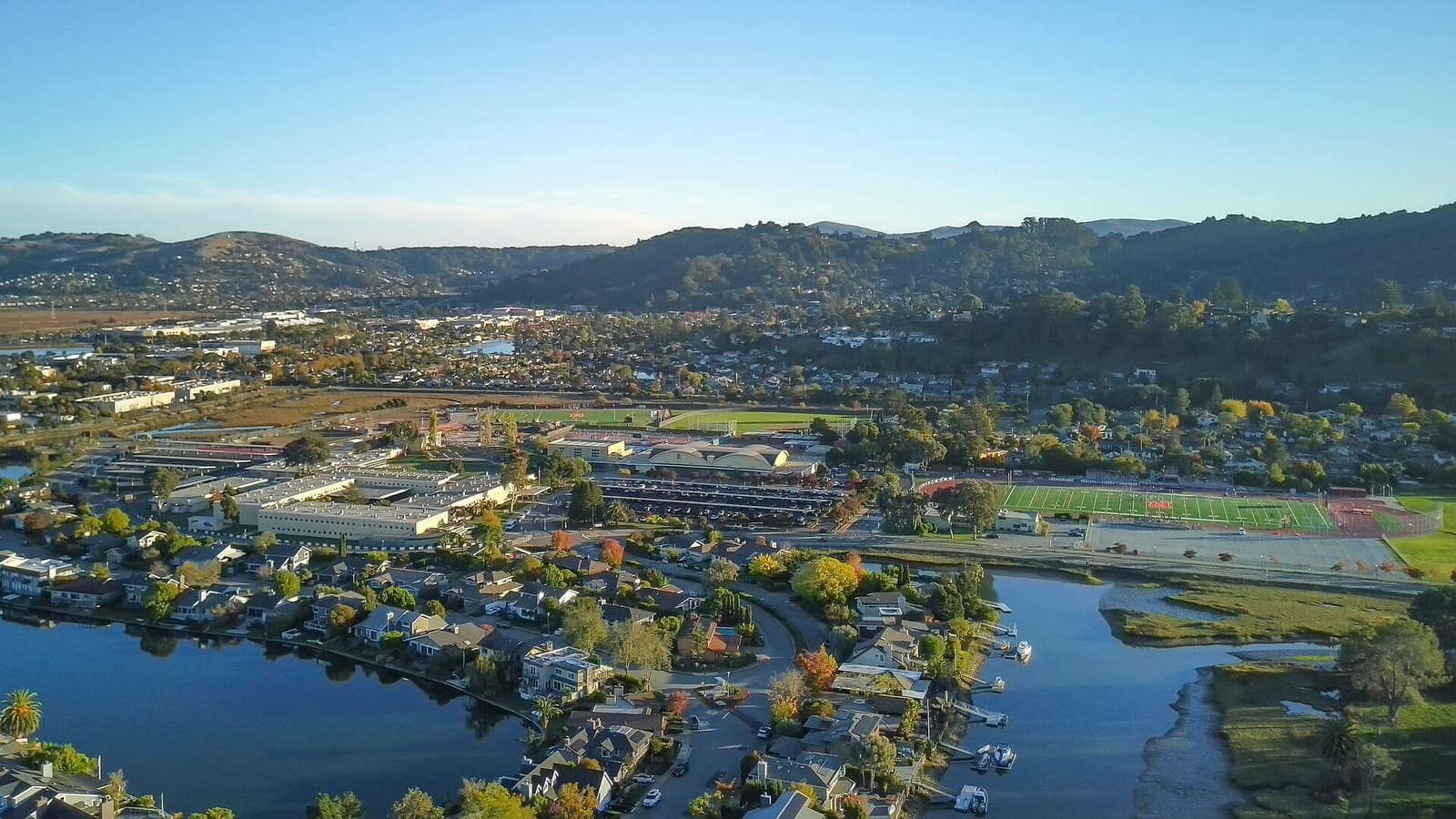 Aerial view of Redwood High School in Larkspur, Marin County, with its fields and the hills behind